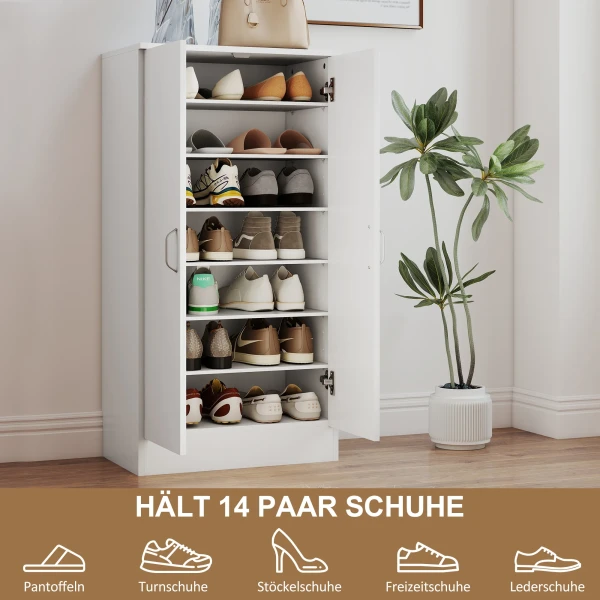 Schoenenkast met soft close scharnieren, verstelbare planken, 6 laags schoenenrek voor hal, entree, voor 14 paar, 55 x 35 x 108 cm, hout, wit 5