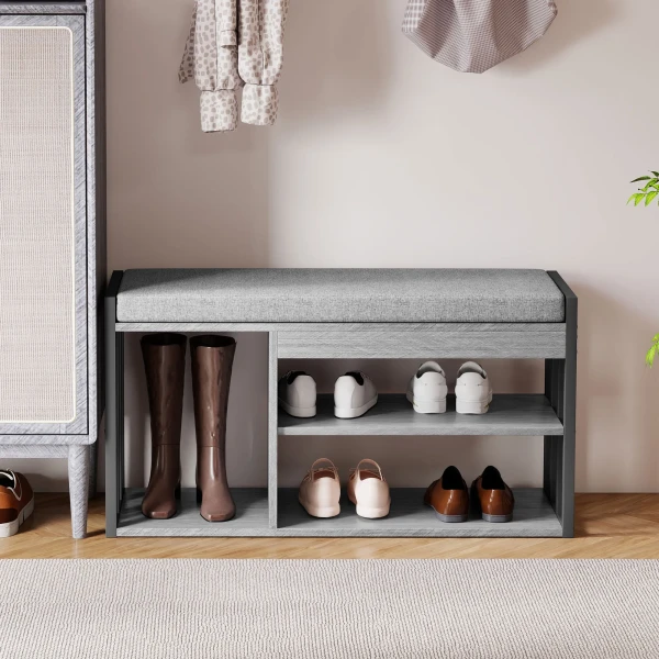 Schoenenrek met zitbank, gangrek voor schoenen, schoenenkast met 3 traps ontwerp, voor hal, entree, woonkamer, slaapkamer, grijs 10