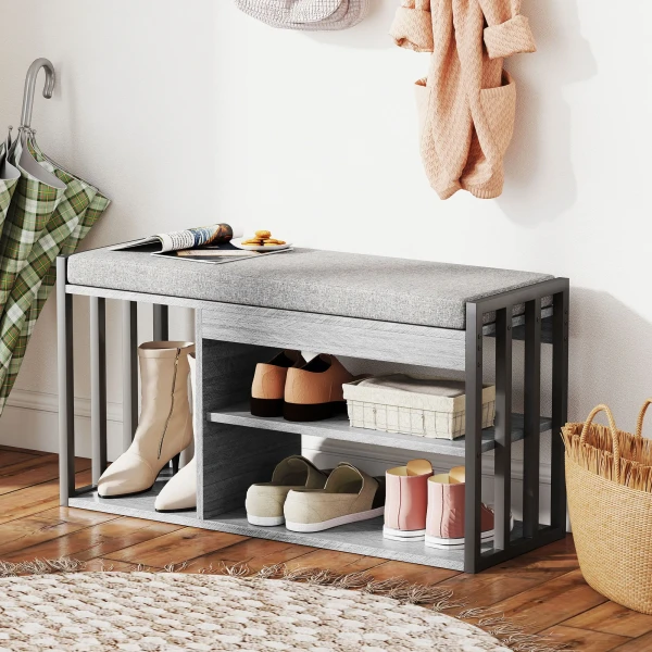Schoenenrek met zitbank, gangrek voor schoenen, schoenenkast met 3 traps ontwerp, voor hal, entree, woonkamer, slaapkamer, grijs 2