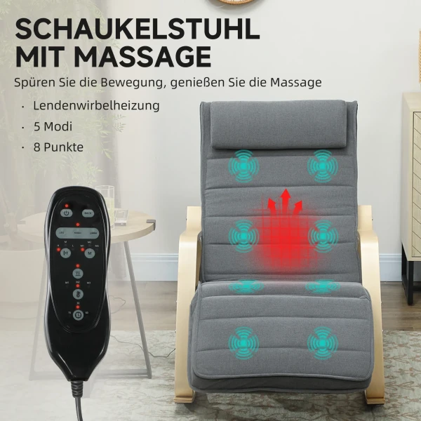 Schommelstoel met massagefunctie, lendenverwarming, 3 modi, stoffen bekleding, grijs 5
