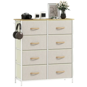Slaapkamerkast met 8 stoffen lades, stalen staven, houten oppervlak, 4 opbergtassen, 2 haken, beige 1