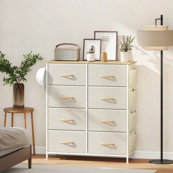 Slaapkamerkast met 8 stoffen lades, stalen staven, houten oppervlak, 4 opbergtassen, 2 haken, beige 2