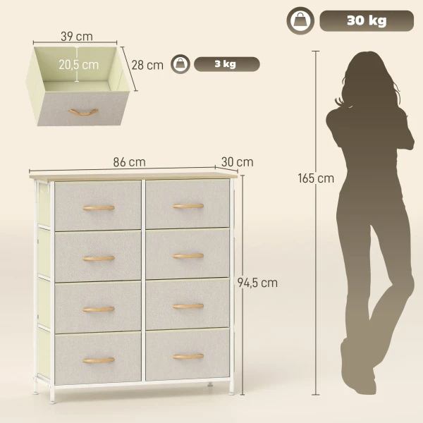Slaapkamerkast met 8 stoffen lades, stalen staven, houten oppervlak, 4 opbergtassen, 2 haken, beige 4