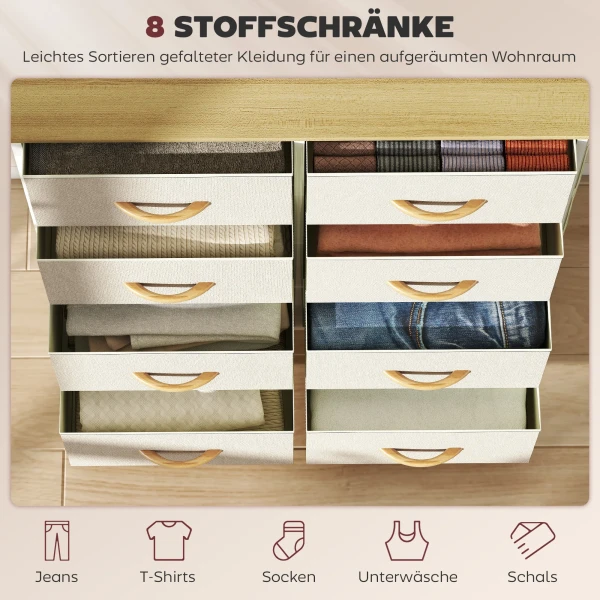 Slaapkamerkast met 8 stoffen lades, stalen staven, houten oppervlak, 4 opbergtassen, 2 haken, beige 5