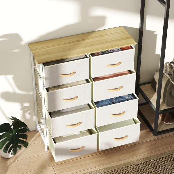 Slaapkamerkast met 8 stoffen lades, stalen staven, houten oppervlak, 4 opbergtassen, 2 haken, beige 9