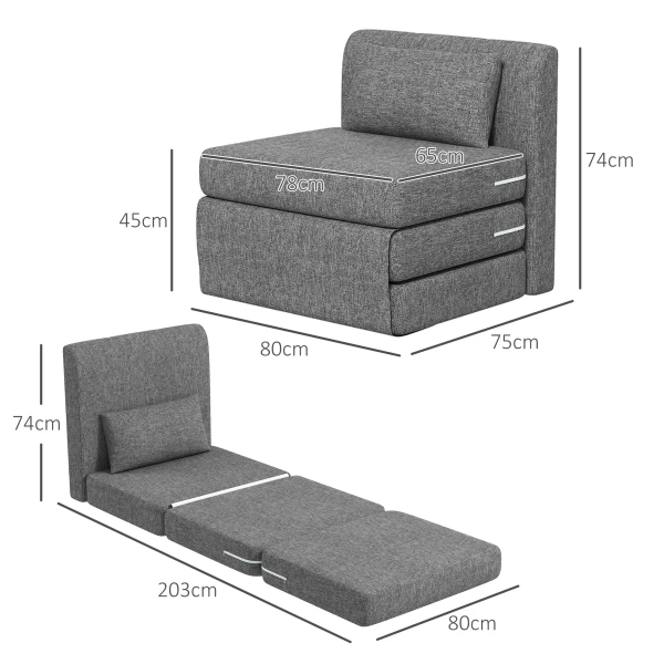 Slaapstoel, gastenmatras, 3 voudig opvouwbaar, compact, metalen frame, 80x75x74 cm, grijs 4