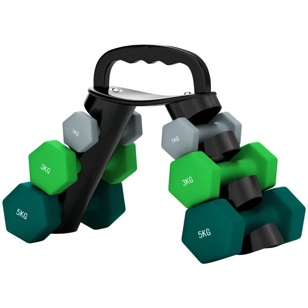 Sportnow halterset met opbergrek, set met 6 halters voor fitness training, 2 x 1kg, 2 x 3kg, 2 x 5kg 1