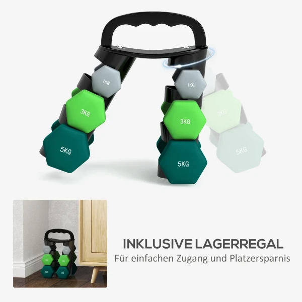 Sportnow halterset met opbergrek, set met 6 halters voor fitness training, 2 x 1kg, 2 x 3kg, 2 x 5kg 6