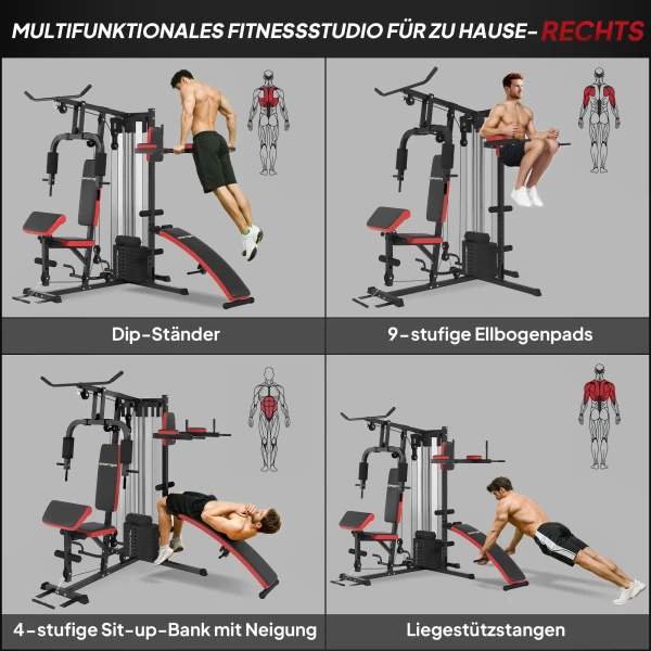 Sportnow multifunctioneel trainingsstation met 65 kg gewichtsblok, verstelbaar, voor thuis training, staal, kunstleer 6