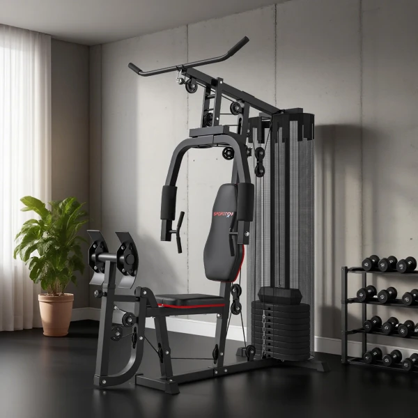 Sportnow thuis fitnessstation met 45 kg gewichtsblokken, kabeltrek, borststation, beenpers voor veelzijdige training 5