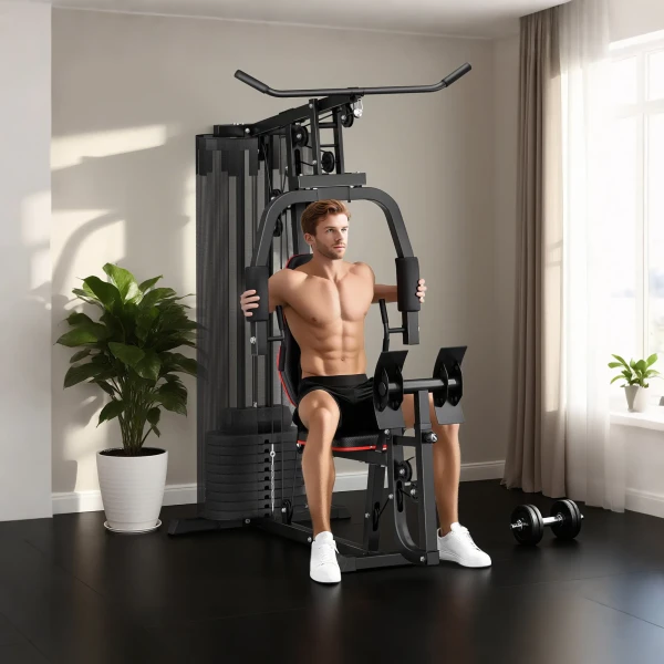 Sportnow thuis fitnessstation met 45 kg gewichtsblokken, kabeltrek, borststation, beenpers voor veelzijdige training 6