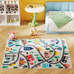 Tapijt met snelwegpatroon, witte achtergrond, zacht fleece, onderhoudsvriendelijk, kleurrijk 1