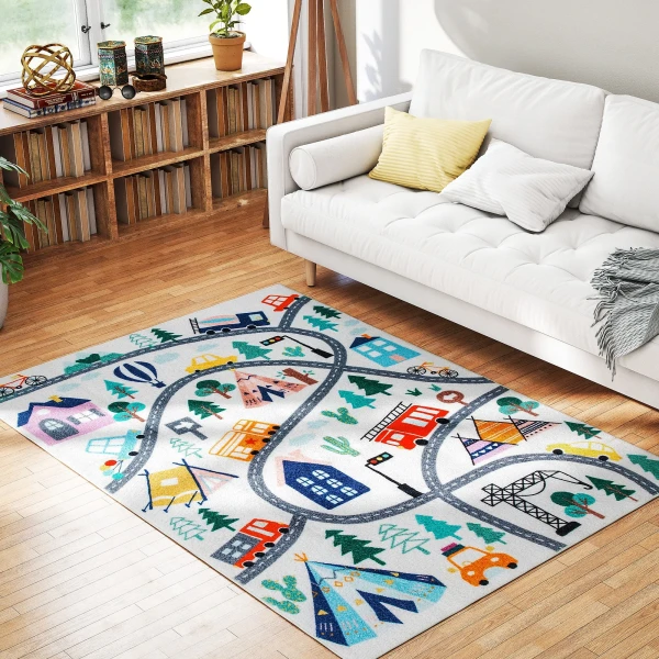 Tapijt met snelwegpatroon, witte achtergrond, zacht fleece, onderhoudsvriendelijk, kleurrijk 8