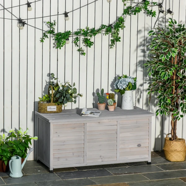 Tuinbox, weerbestendig, luchtdoorlatend, kussenbox, opbergbox, sparrenhout, grijs, 127 x 56 x 60 cm 2