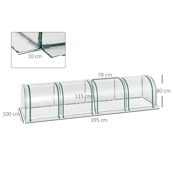 Tunnelkas, 4 ramen met rits, stalen frame, robuuste zeil, transparant, 395 x 100 x 80cm 4
