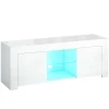 Tv kast met led verlichting, 2 kastdeuren, glazen plank, kabelgaten, voor woonkamer, spaanplaat, wit 1