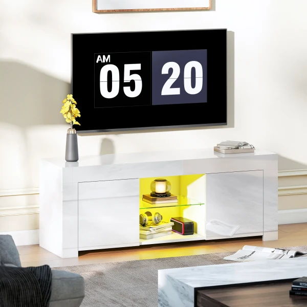 Tv kast met led verlichting, 2 kastdeuren, glazen plank, kabelgaten, voor woonkamer, spaanplaat, wit 2