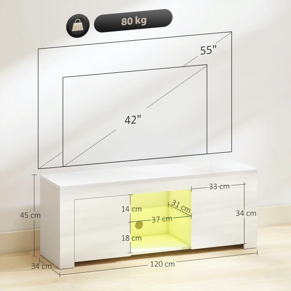 Tv kast met led verlichting, 2 kastdeuren, glazen plank, kabelgaten, voor woonkamer, spaanplaat, wit 4