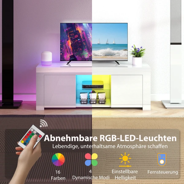 Tv kast met led verlichting, 2 kastdeuren, glazen plank, kabelgaten, voor woonkamer, spaanplaat, wit 5