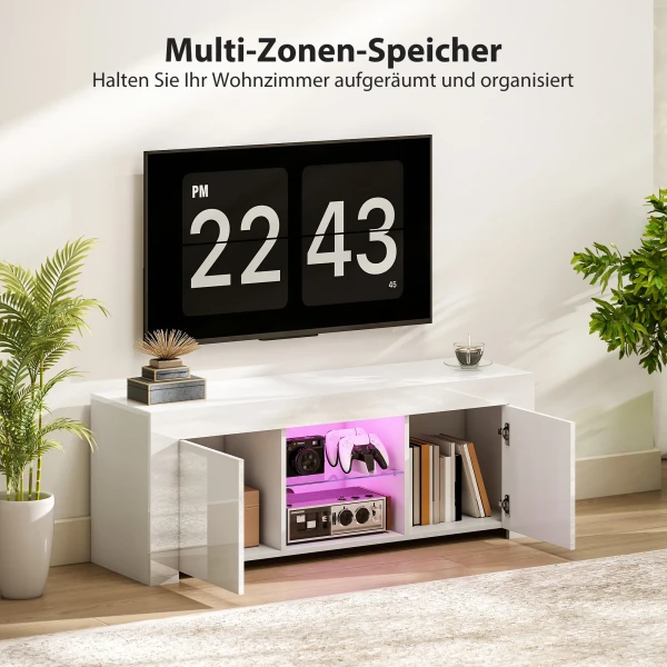 Tv kast met led verlichting, 2 kastdeuren, glazen plank, kabelgaten, voor woonkamer, spaanplaat, wit 6