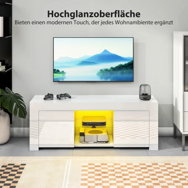 Tv kast met led verlichting, 2 kastdeuren, glazen plank, kabelgaten, voor woonkamer, spaanplaat, wit 7