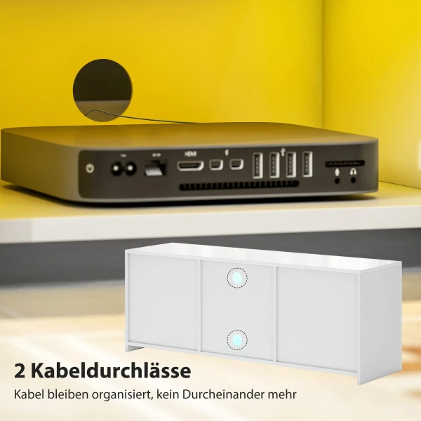 Tv kast met led verlichting, 2 kastdeuren, glazen plank, kabelgaten, voor woonkamer, spaanplaat, wit 8