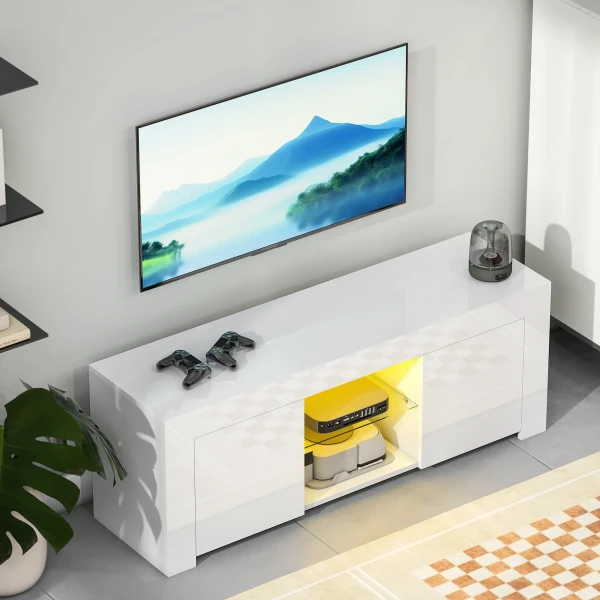 Tv kast met led verlichting, 2 kastdeuren, glazen plank, kabelgaten, voor woonkamer, spaanplaat, wit 9