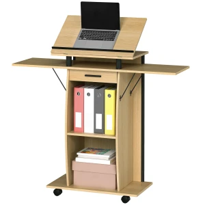 Verrijdbaar podiumstandaard, spreekgestoelte met opvouwbare zijvleugels, laptop tafel met lade en planken, eikenhout look 1