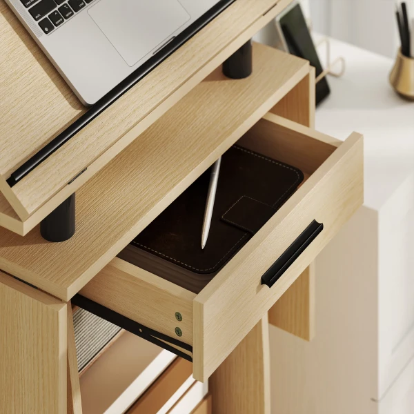 Verrijdbaar podiumstandaard, spreekgestoelte met opvouwbare zijvleugels, laptop tafel met lade en planken, eikenhout look 10