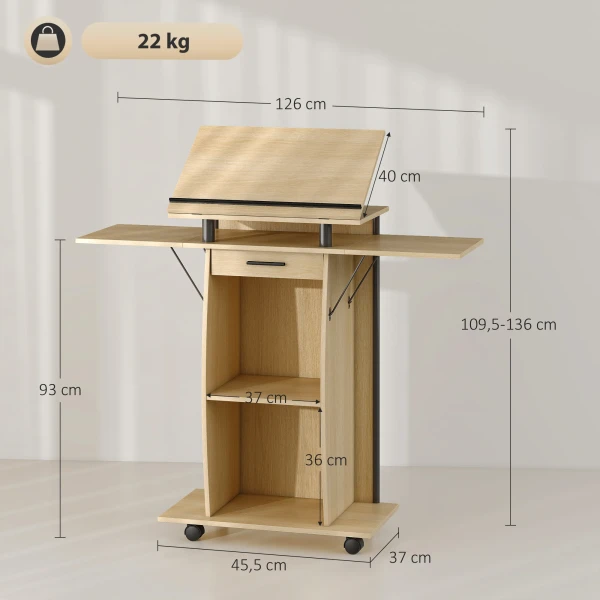 Verrijdbaar podiumstandaard, spreekgestoelte met opvouwbare zijvleugels, laptop tafel met lade en planken, eikenhout look 4