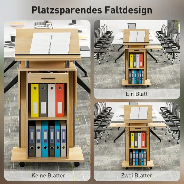 Verrijdbaar podiumstandaard, spreekgestoelte met opvouwbare zijvleugels, laptop tafel met lade en planken, eikenhout look 5