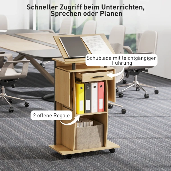 Verrijdbaar podiumstandaard, spreekgestoelte met opvouwbare zijvleugels, laptop tafel met lade en planken, eikenhout look 7