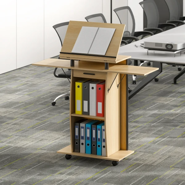 Verrijdbaar podiumstandaard, spreekgestoelte met opvouwbare zijvleugels, laptop tafel met lade en planken, eikenhout look 9