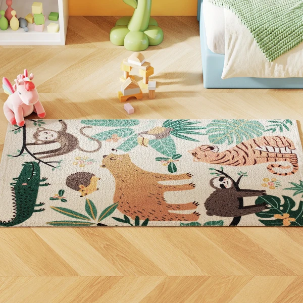 Vlies tapijt met jungle patroon, onderhoudsvriendelijk, crème wit+kleurrijk 1