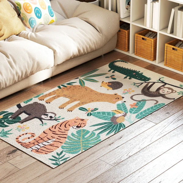 Vlies tapijt met jungle patroon, onderhoudsvriendelijk, crème wit+kleurrijk 10