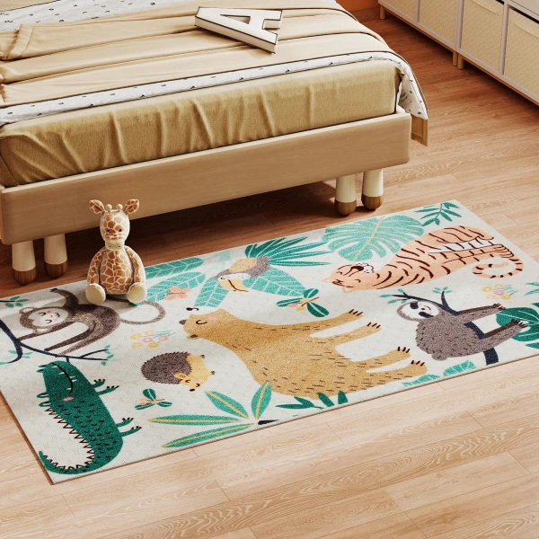 Vlies tapijt met jungle patroon, onderhoudsvriendelijk, crème wit+kleurrijk 2