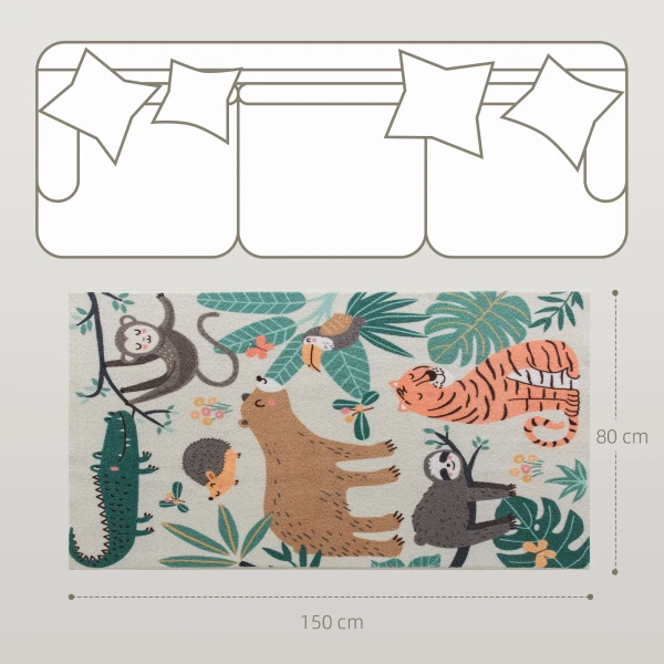 Vlies tapijt met jungle patroon, onderhoudsvriendelijk, crème wit+kleurrijk 4