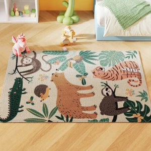 Vlies tapijt met jungle patroon, onderhoudsvriendelijk, crèmewit+kleurrijk 1