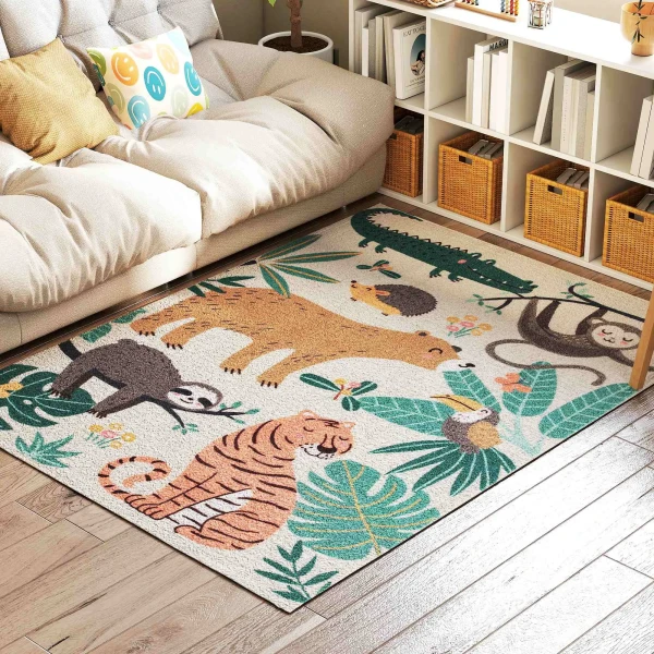 Vlies tapijt met jungle patroon, onderhoudsvriendelijk, crèmewit+kleurrijk 10