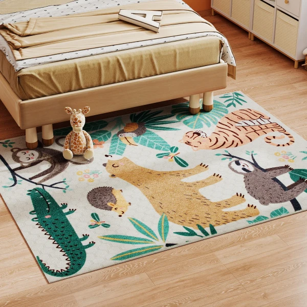 Vlies tapijt met jungle patroon, onderhoudsvriendelijk, crèmewit+kleurrijk 2