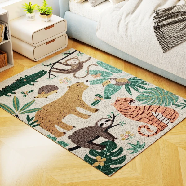 Vlies tapijt met jungle patroon, onderhoudsvriendelijk, crèmewit+kleurrijk 9