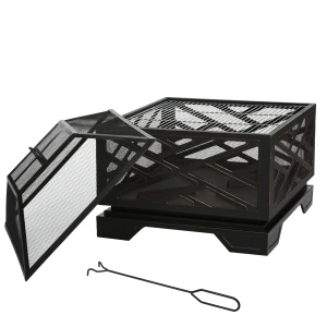Vuurkorf met vonkenvanger, grillrooster, pook, vierkant, stalen behuizing, zwart, 66 x 66 cm 1