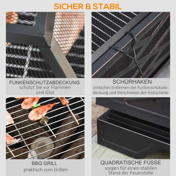 Vuurkorf met vonkenvanger, grillrooster, pook, vierkant, stalen behuizing, zwart, 66 x 66 cm 6