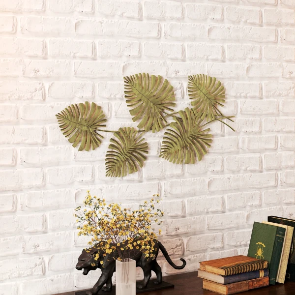 Wanddecoratieset van metaal, gelakte oppervlakte, bladvorm, goudkleurig 10