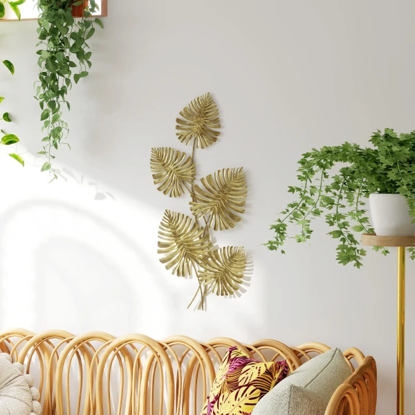 Wanddecoratieset van metaal, gelakte oppervlakte, bladvorm, goudkleurig 2
