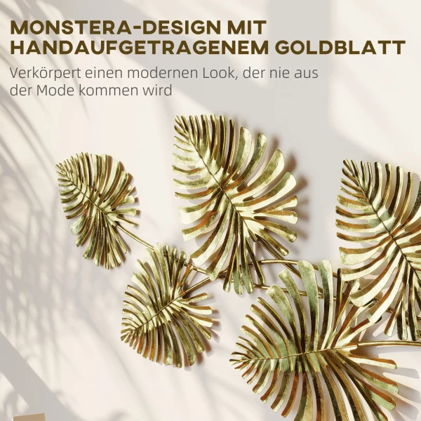 Wanddecoratieset van metaal, gelakte oppervlakte, bladvorm, goudkleurig 5