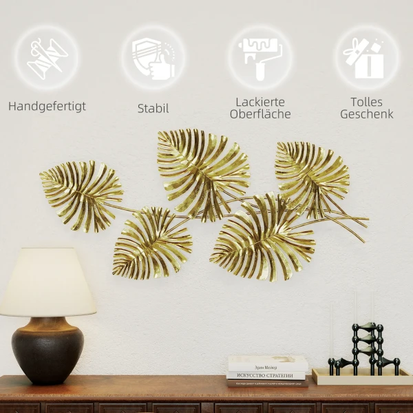 Wanddecoratieset van metaal, gelakte oppervlakte, bladvorm, goudkleurig 7