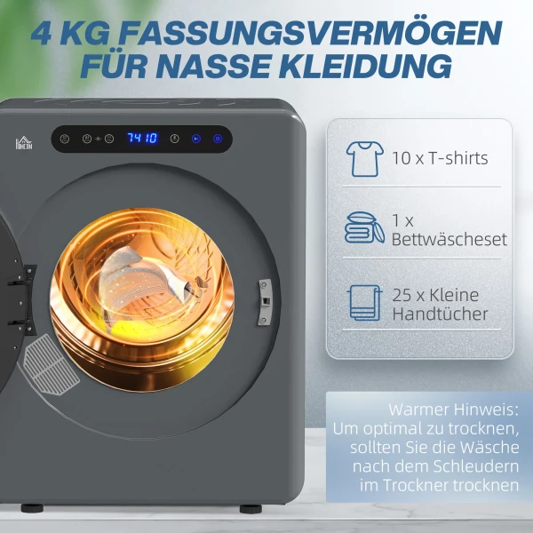 Wasdroger, 6 programma's, 40 60℃, 4 kg capaciteit, compact, touch bediening, grijs 6