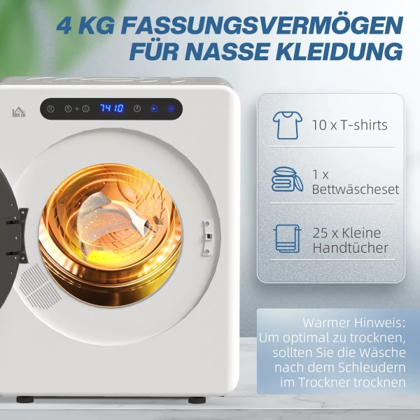 Wasdroger, 6 programma's, 40 60℃, 4 kg capaciteit, compact, touch bediening, wit 6
