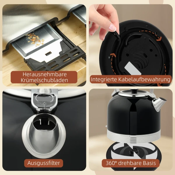 Waterkoker en broodrooster set, 7 bruiningsniveaus, 1,7 l, kunststof, roestvrij staal, zwart 10